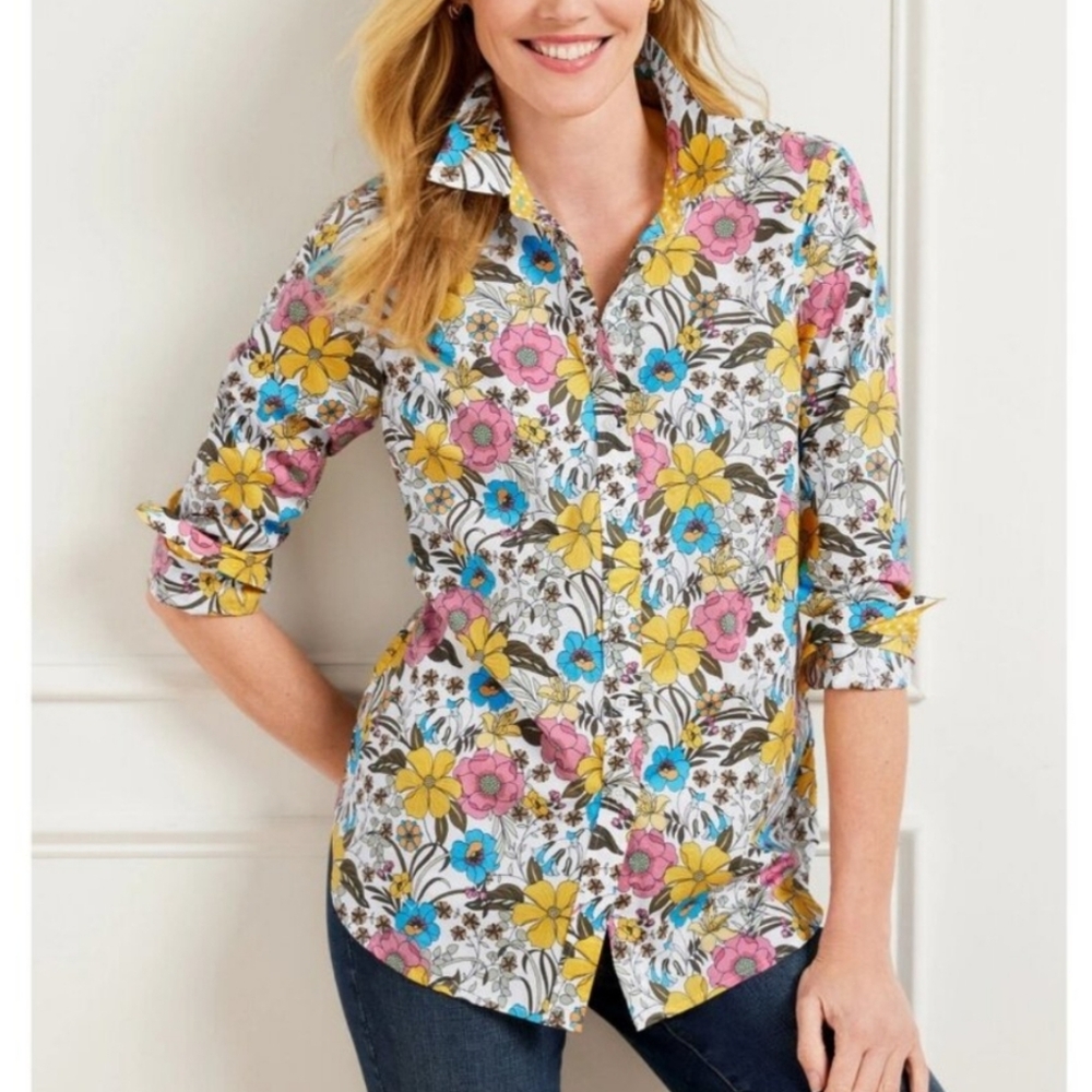 Talbots Vibrant Colorful Floral Cotton Long Sleeve Button Down Shirt Top Size XL